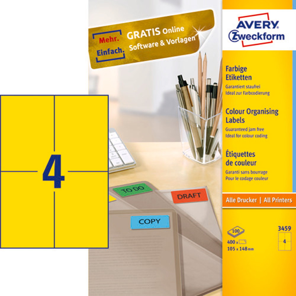 Avery 3459 105x148mm etiketark gul 400stk