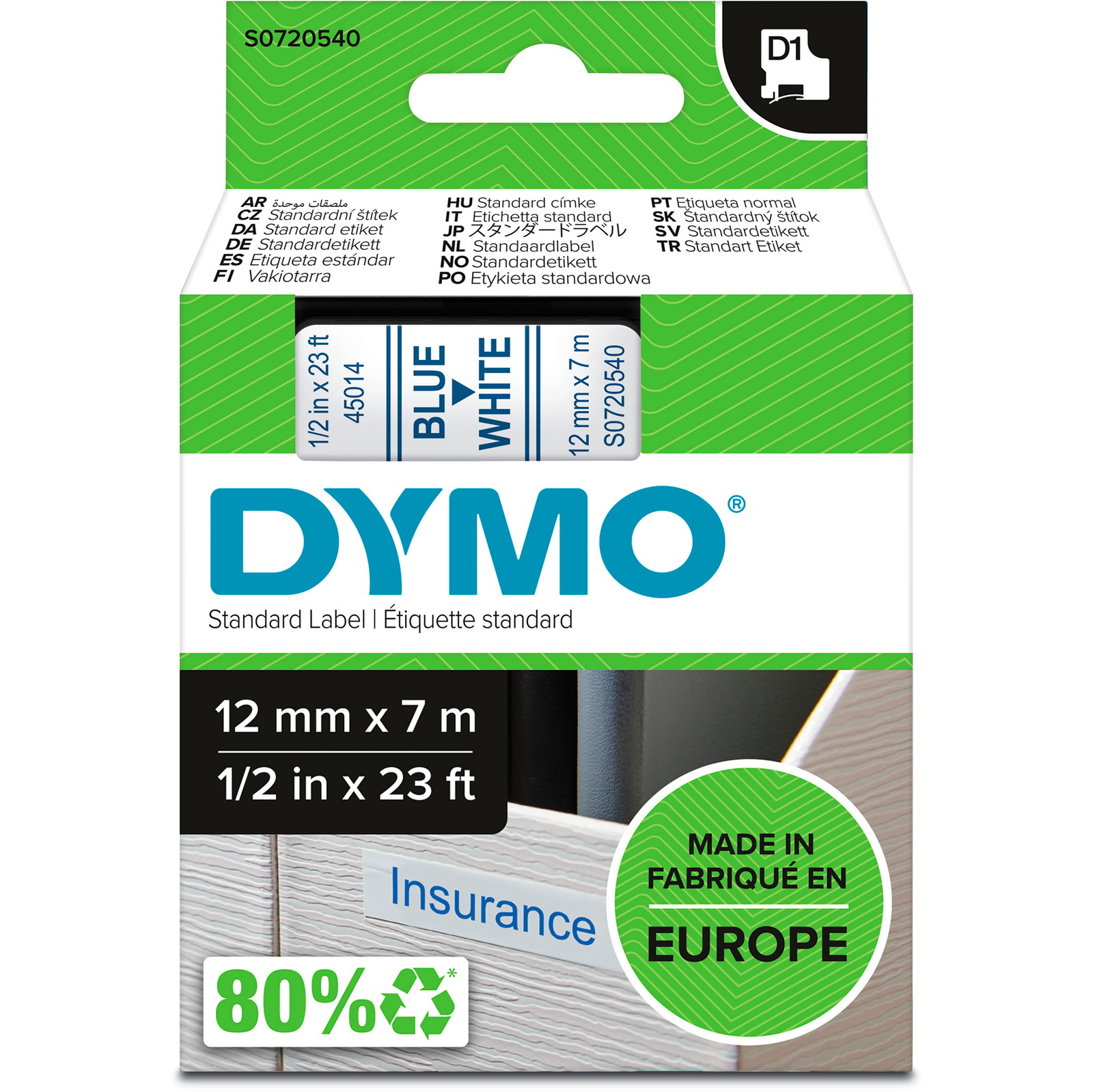 Dymo D1 45014 tape 12mm blÃ¥/hvid