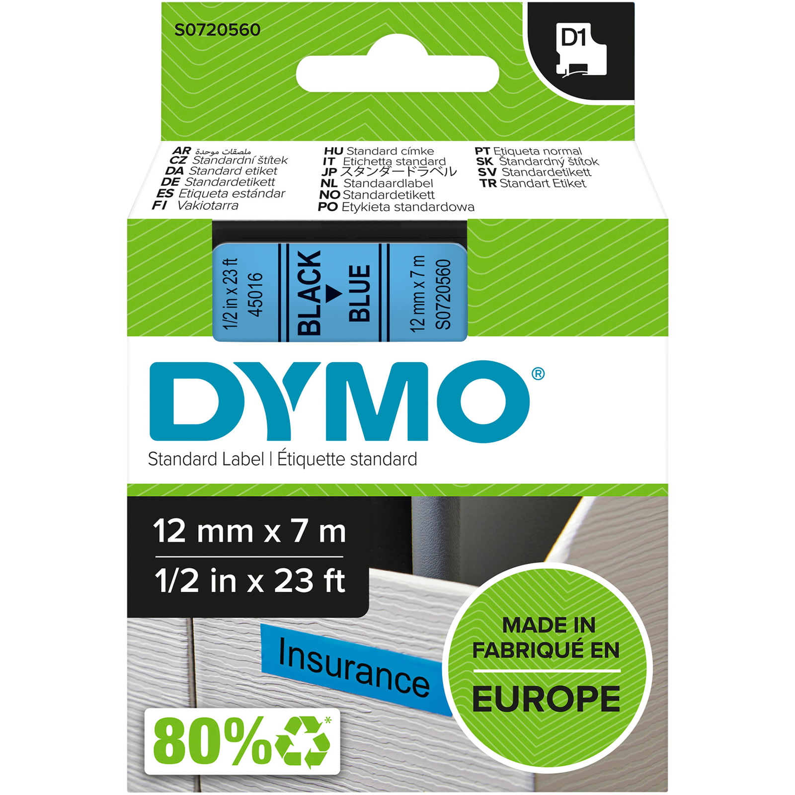 Dymo D1 45016 tape 12mm sort/blÃ¥