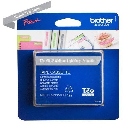 Brother TZEMQL3 labeltape 12mmx5m hvid/lysegrÃ¥