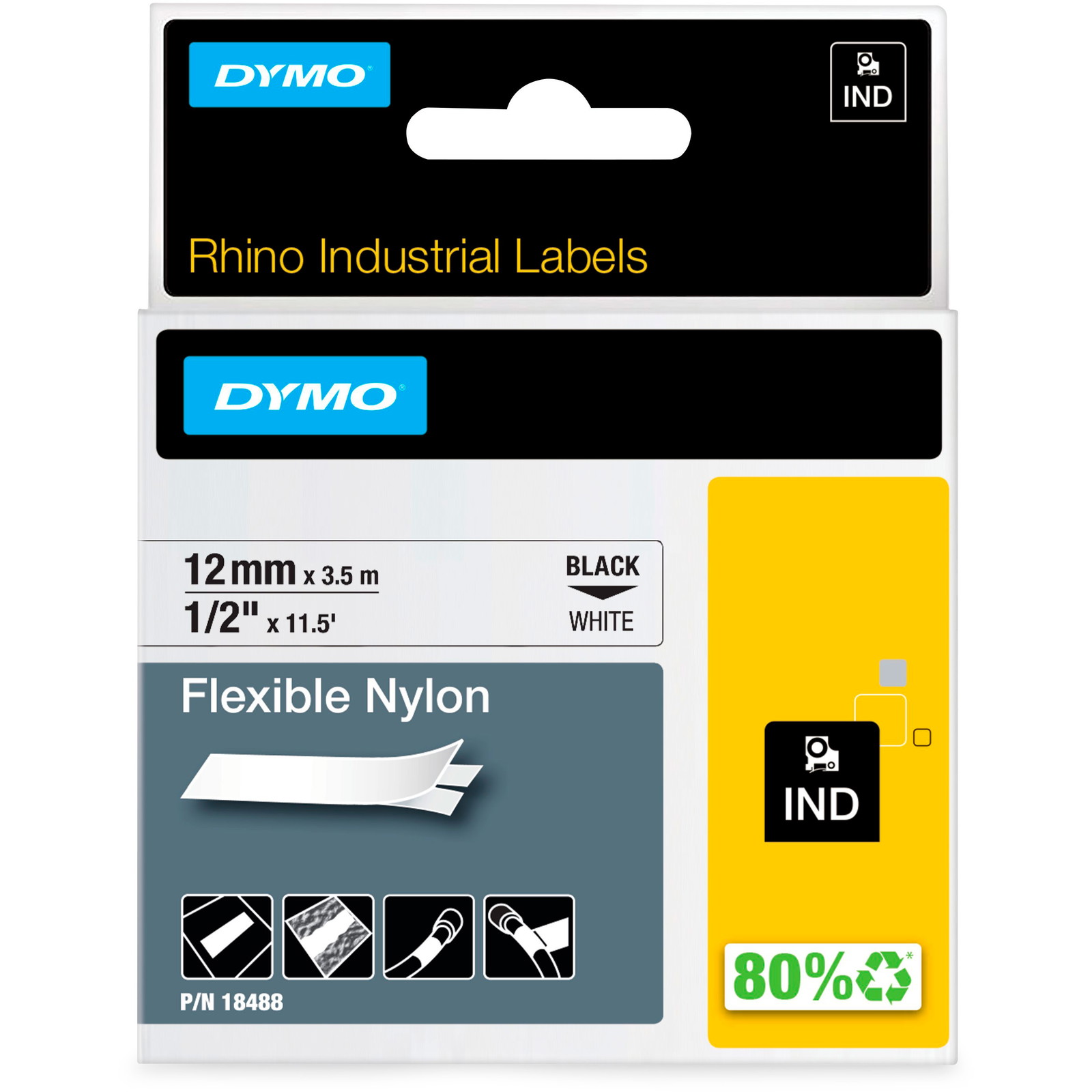Dymo Rhino Flexible nylon tape 12mm sort/hvid