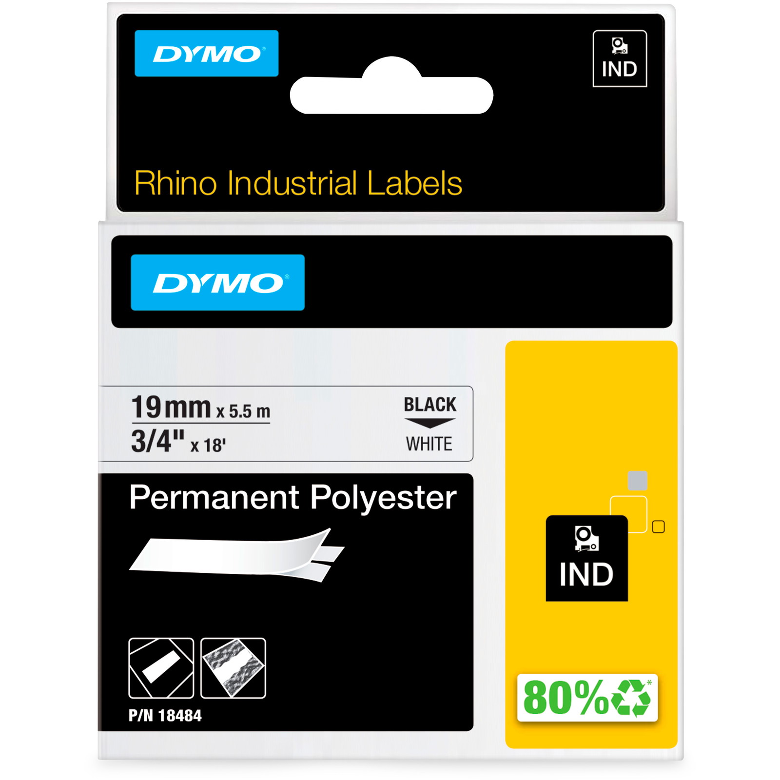 Dymo Rhino polyestertape 19mm sort/hvid