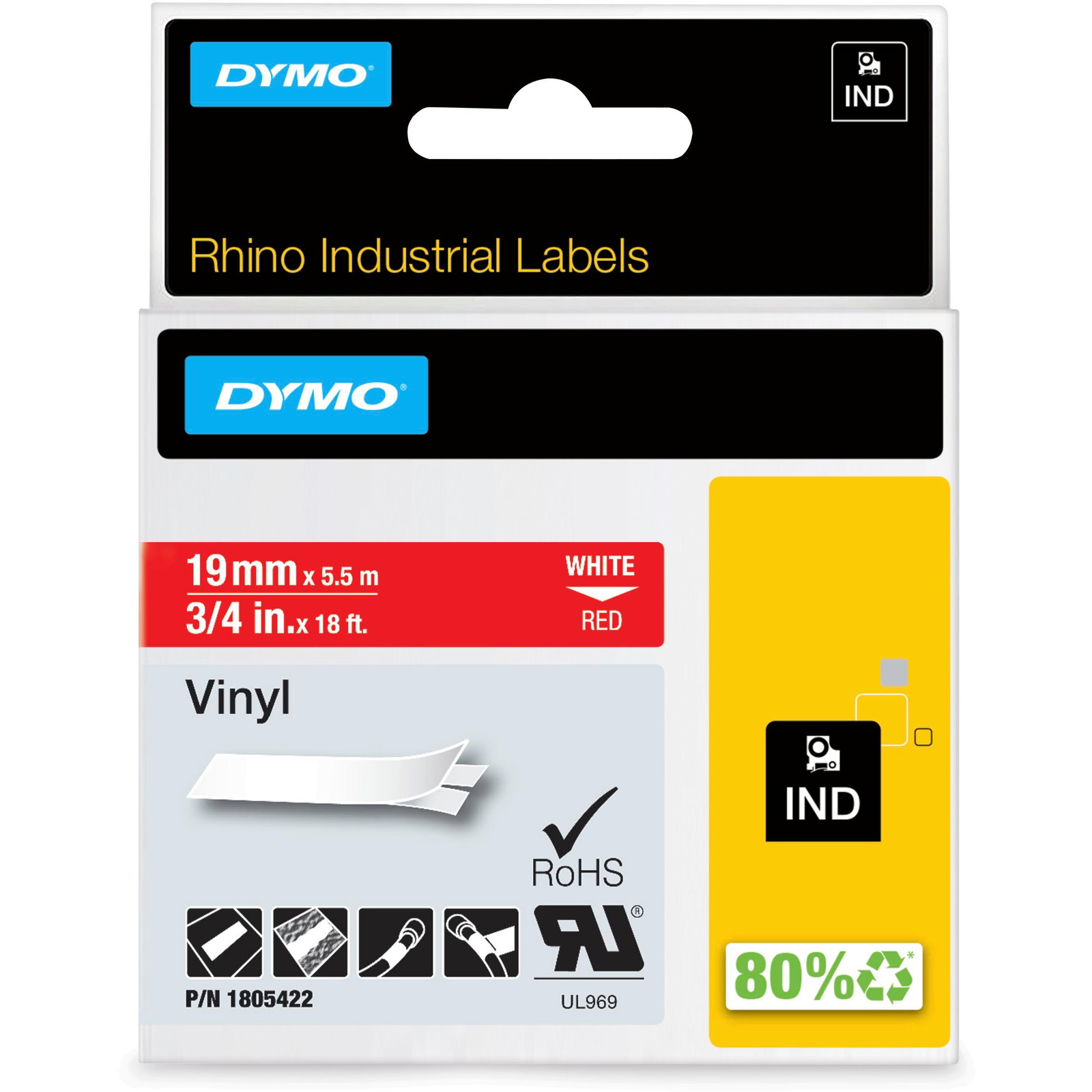 Dymo Rhino vinyl tape 19mm hvid/rÃ¸d