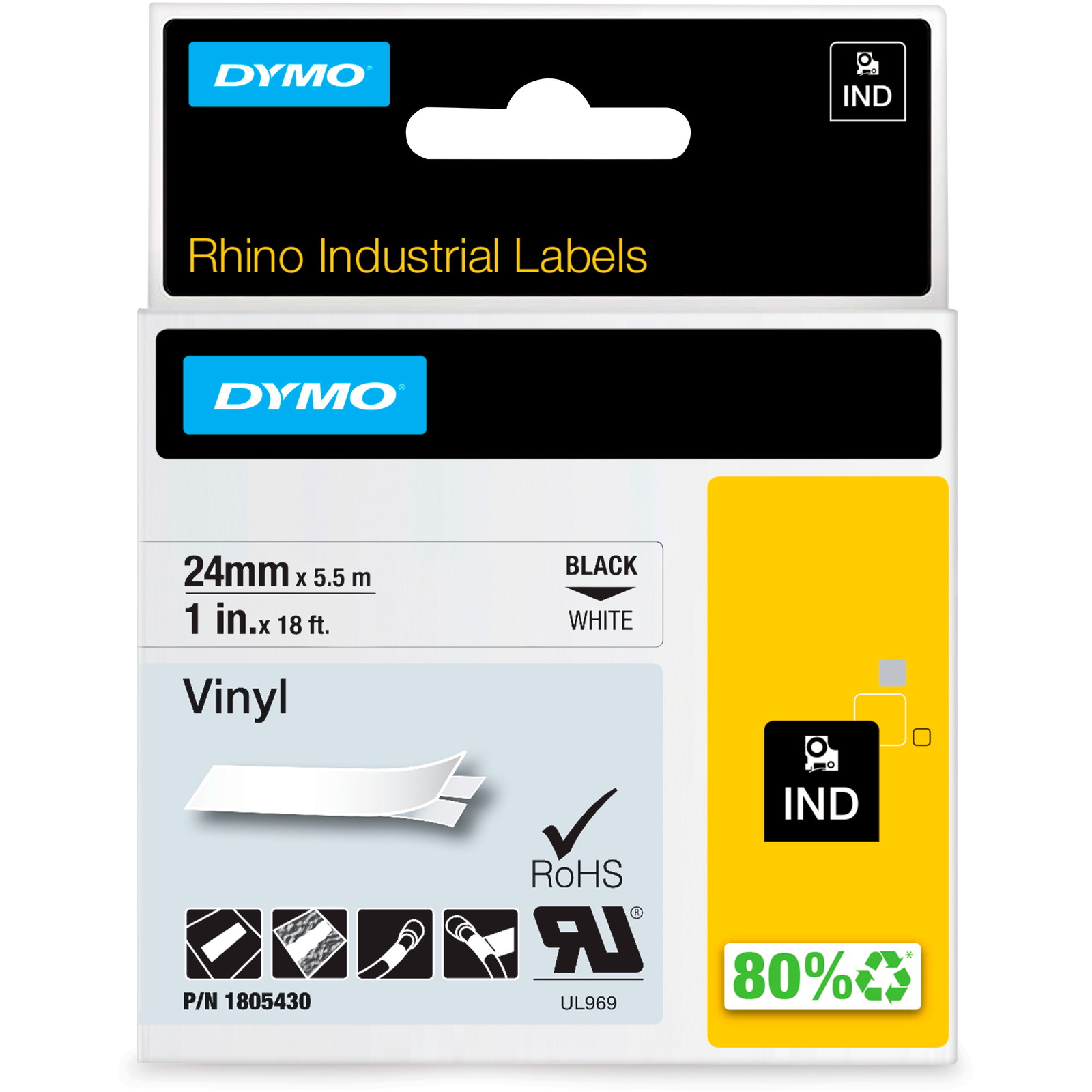 Dymo Rhino vinyltape 24mm sort/hvid