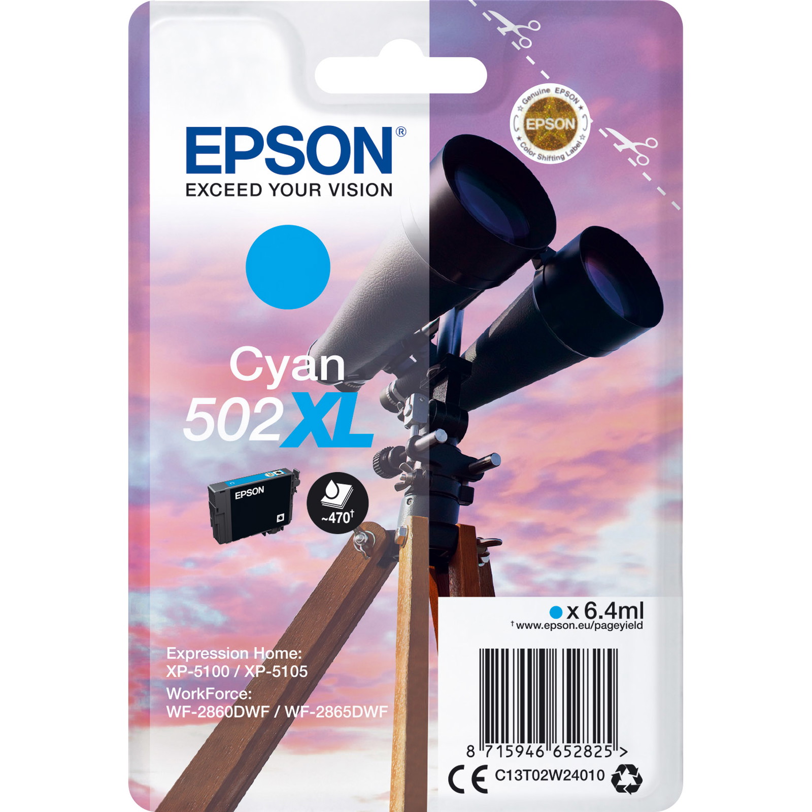 Epson 502XL C13T02W24010 Cyan BlÃ¦kpatron, 470 sider
