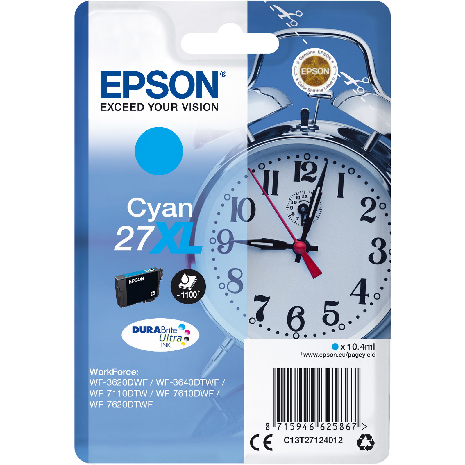 Epson T2712 C13T27124010 Cyan BlÃ¦kpatron, 1.100 sider