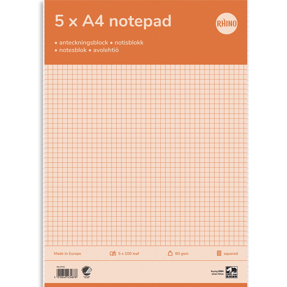 Rhino standardblok 60g A4 kvadreret 4 huller