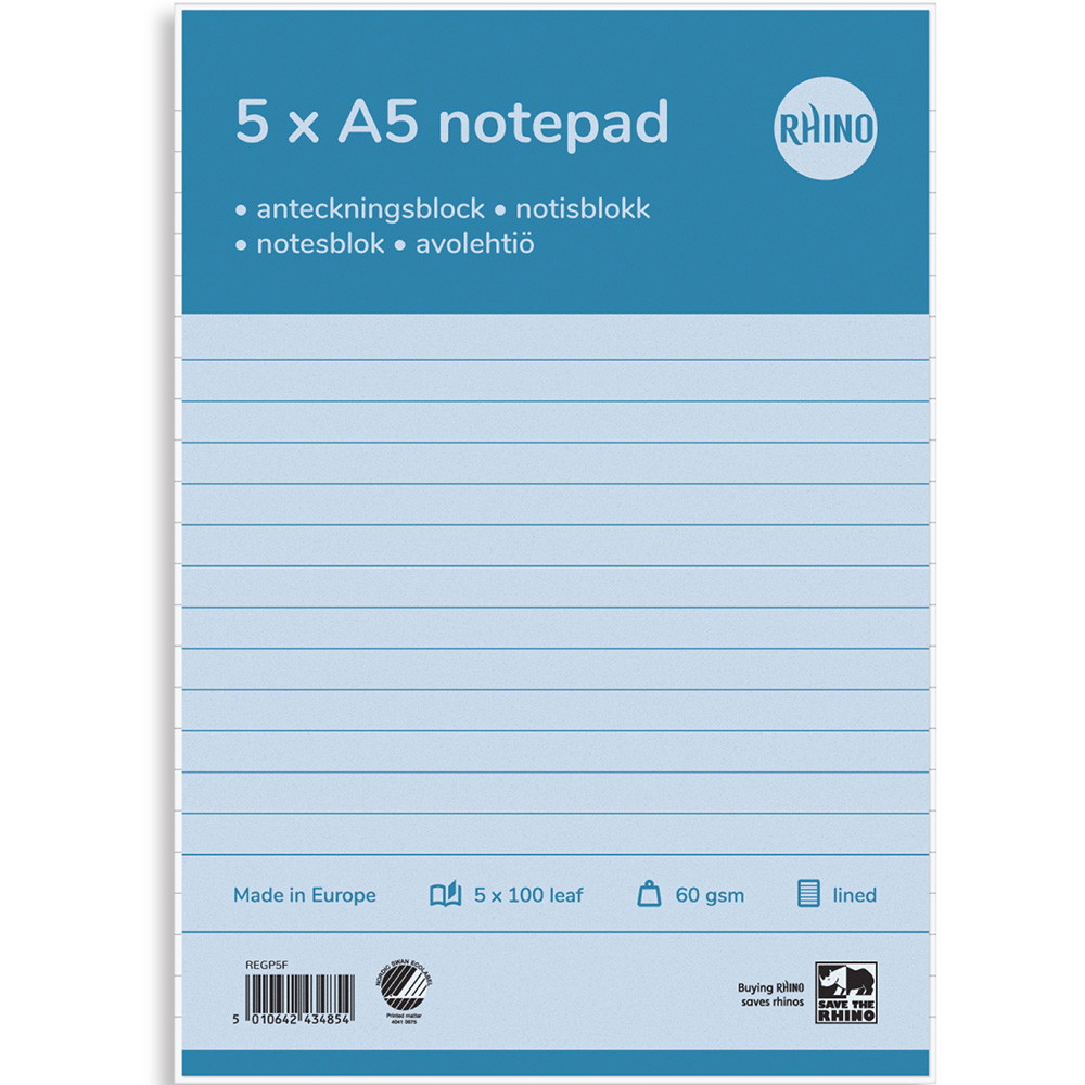 Rhino standardblok 60g A5 linjeret toplimet