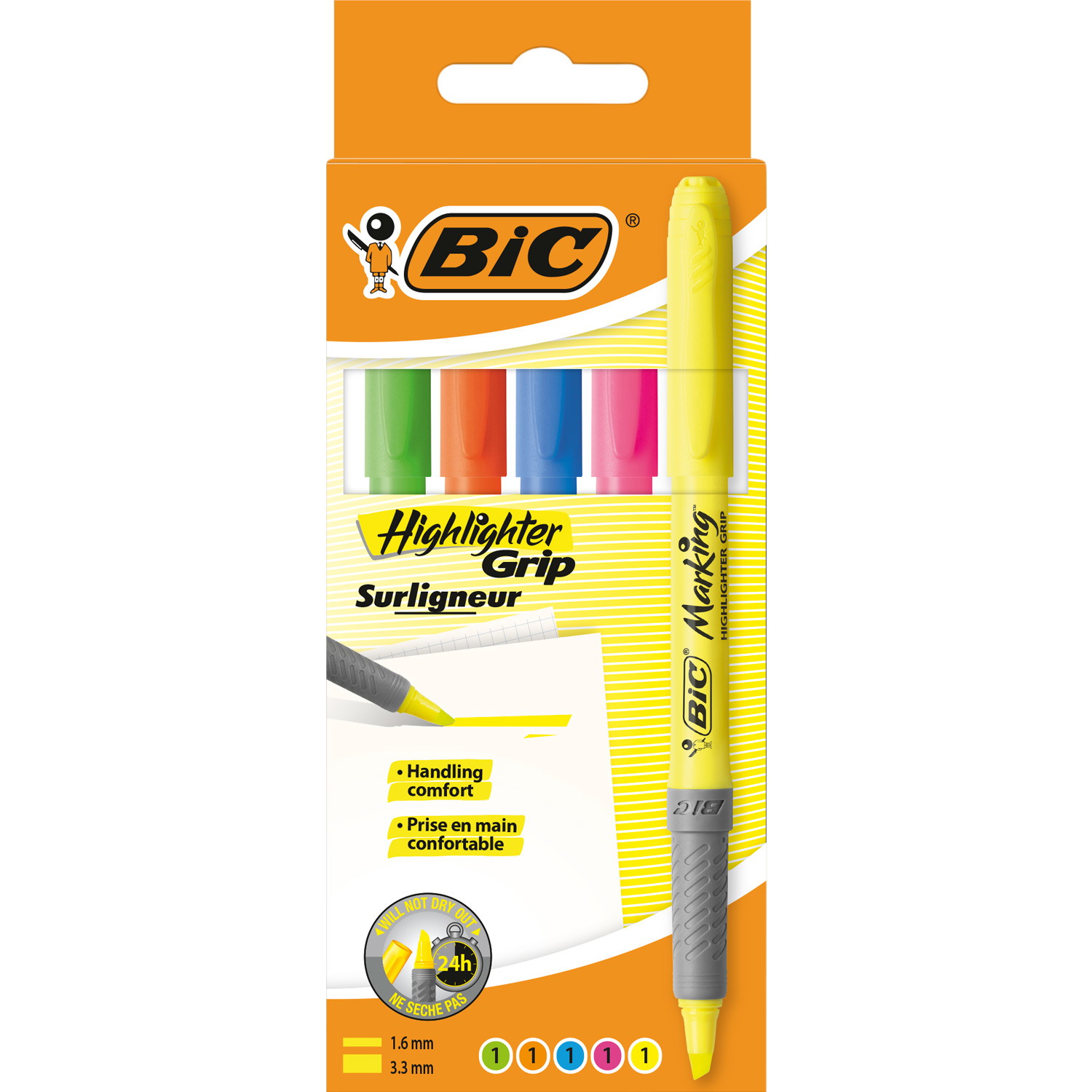 BIC Grip tekstmarker m/skrÃ¥ spids flerfarvet 5stk