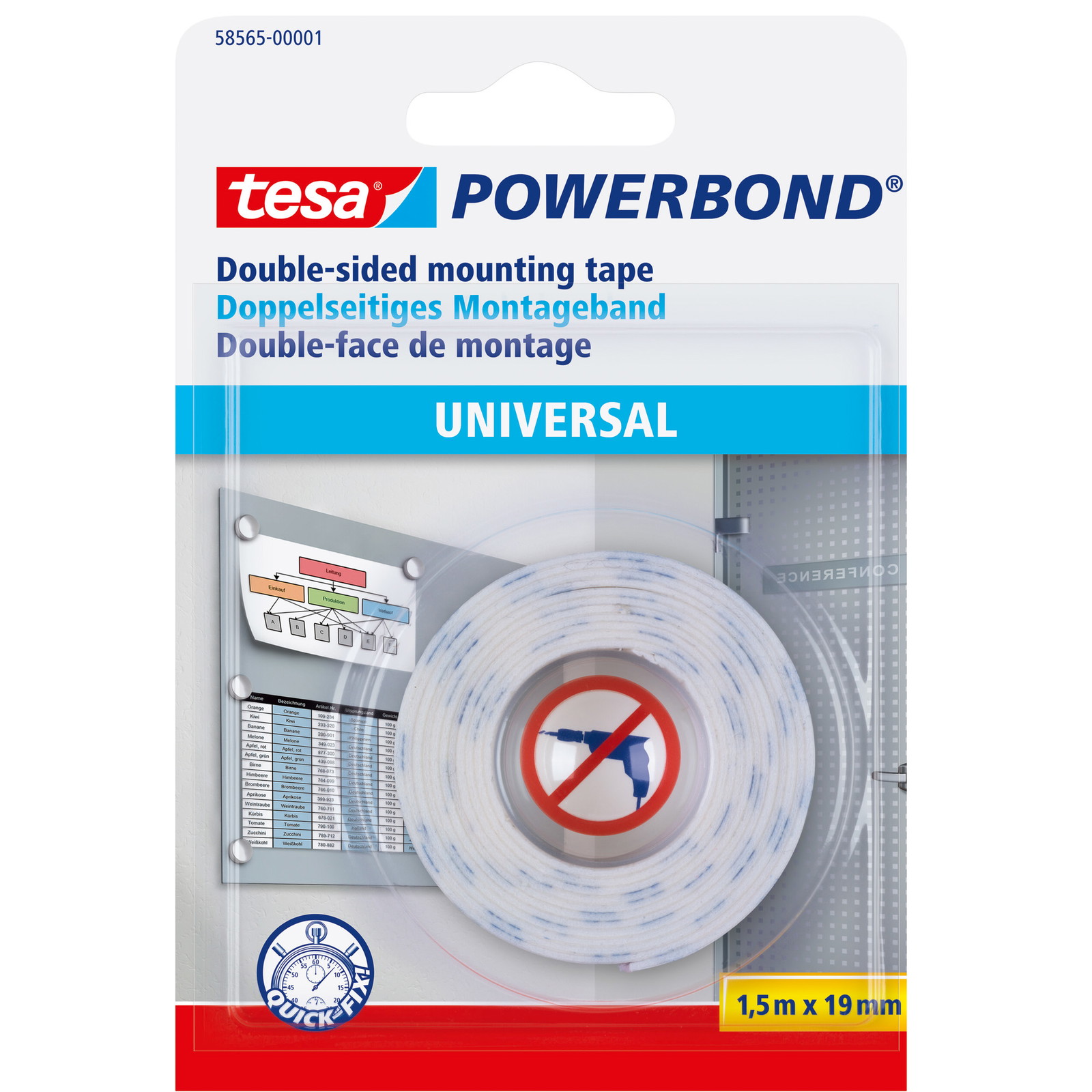 Tesa Powerbond dobbeltkl. monteringstape 19mmx1,5m hvid