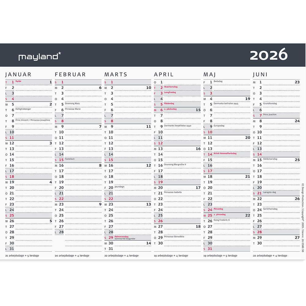 Mayland 2026 26058050 moderne vægkalender A5 15x21cm
