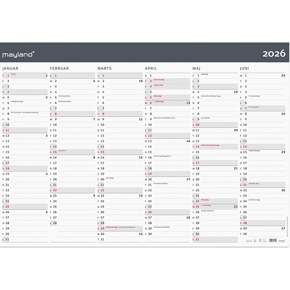 Mayland 2026 26064200 moderne vægkalender 2x6mdr. 70x100cm