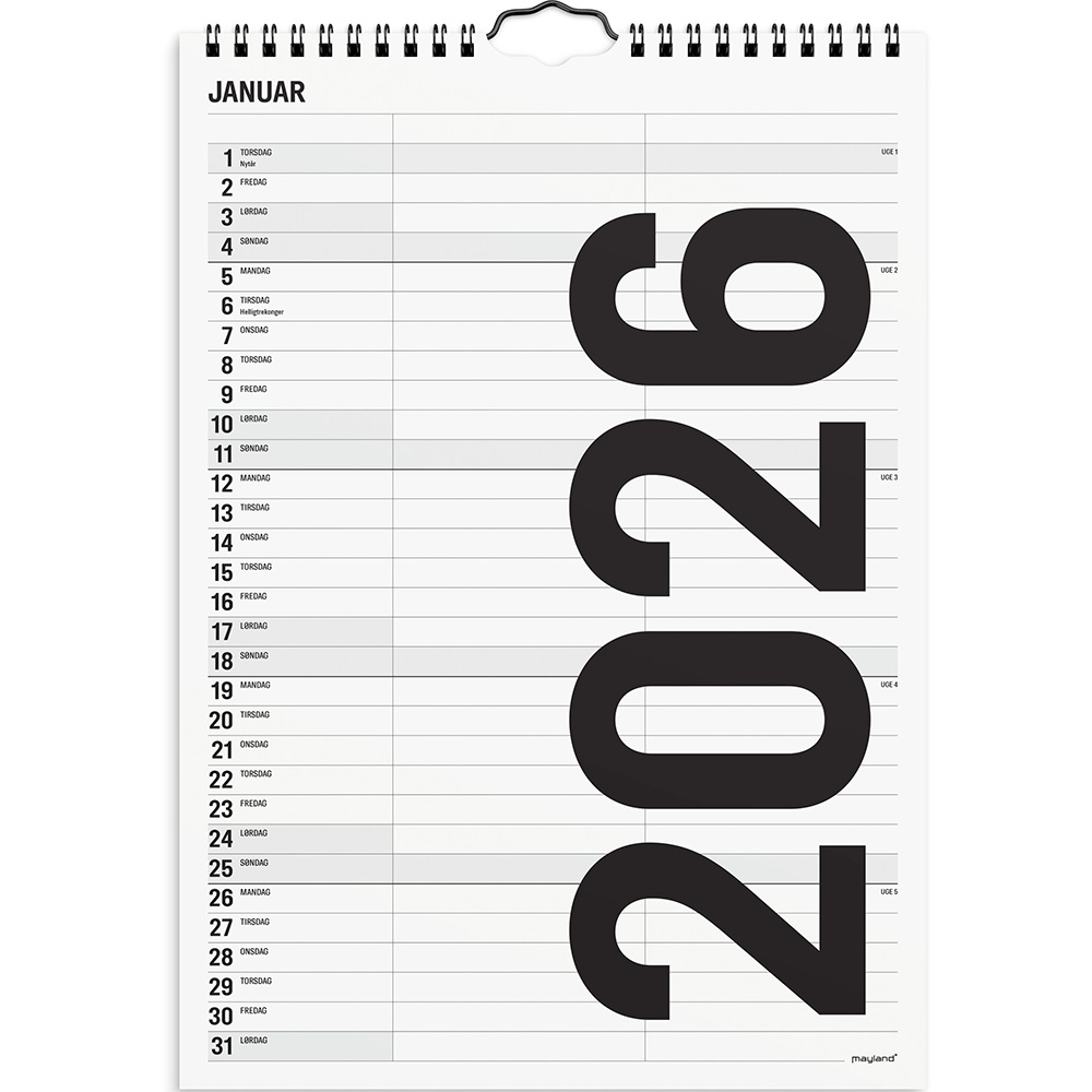 Mayland 2026 26066510 2 kolonner vægkalender A4 21x29,7cm
