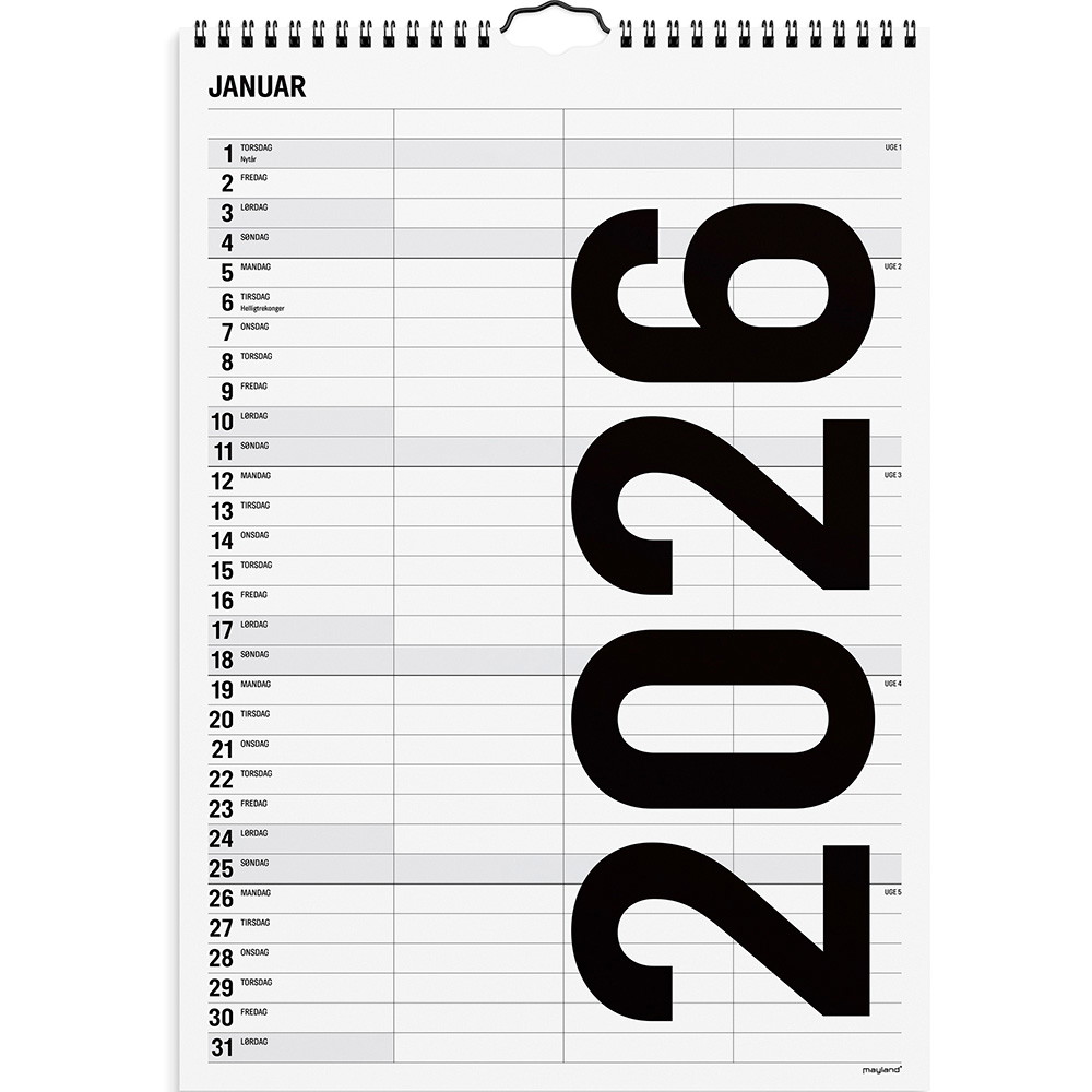 Mayland 2026 26066520 3 kolonner vægkalender A4 24x34cm