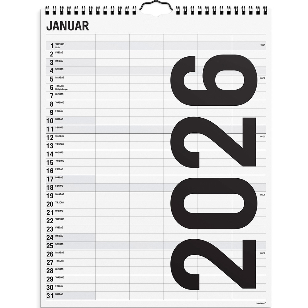 Mayland 2026 26066550 5 kolonner vægkalender 29,5x39cm