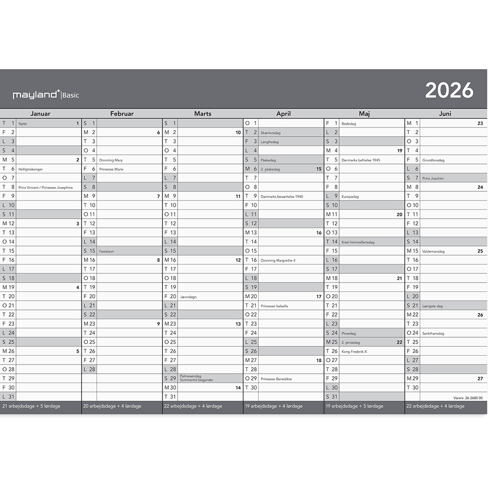 Mayland 2026 26268000 basic kontorkalender A4 21x29,6cm grå