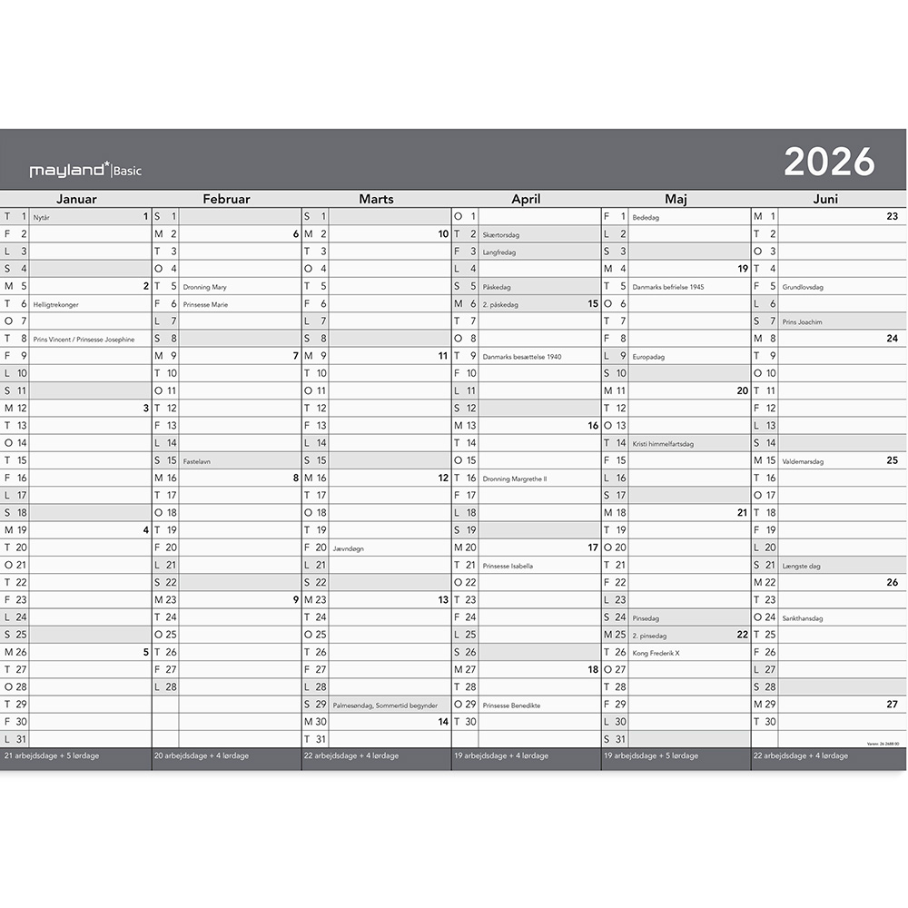 Mayland 2026 26268800 basic kontorkalender A2 60x42cm grå