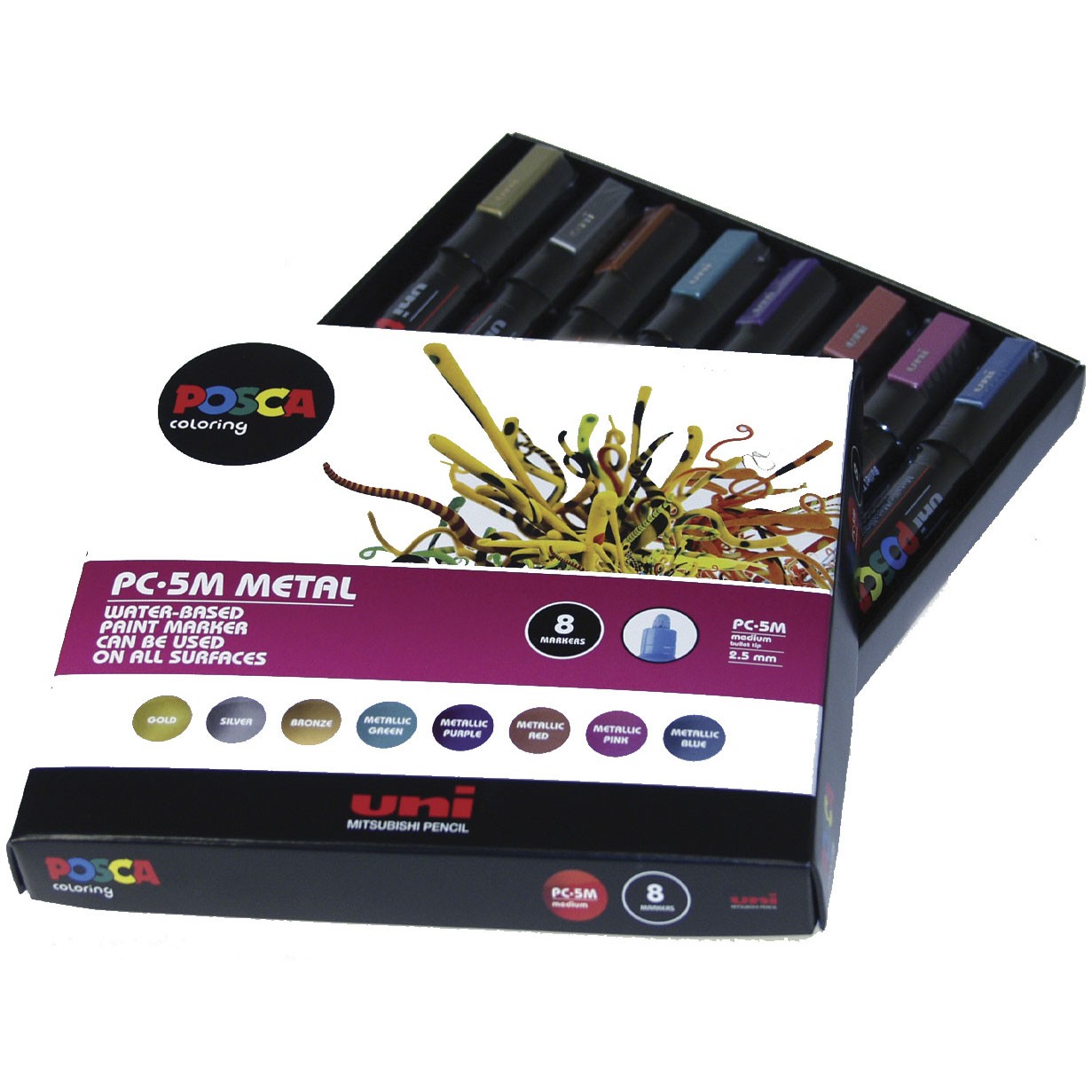 Uni Posca 5M sampak bestående af 8 assorterede paintmarkere med 2,5 mm skrivespids