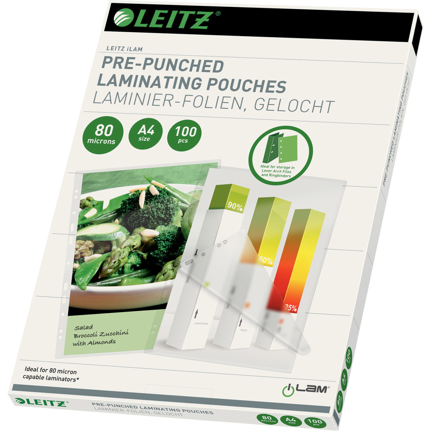 Leitz lamineringslommer med hul A4 228x303mm 80mic
