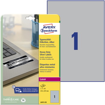 Avery L6013-20 etiket 210x297mm sølv