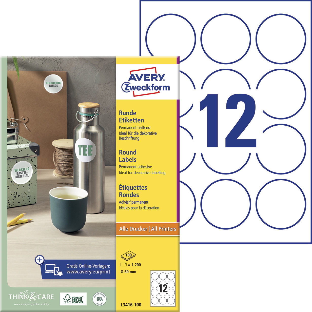 Avery L3416-100 etiket Ø60mm hvid