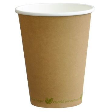 Kaffebæger PLA bionedbr. 30cl pap, brun m/grøn tekst Ø90mm