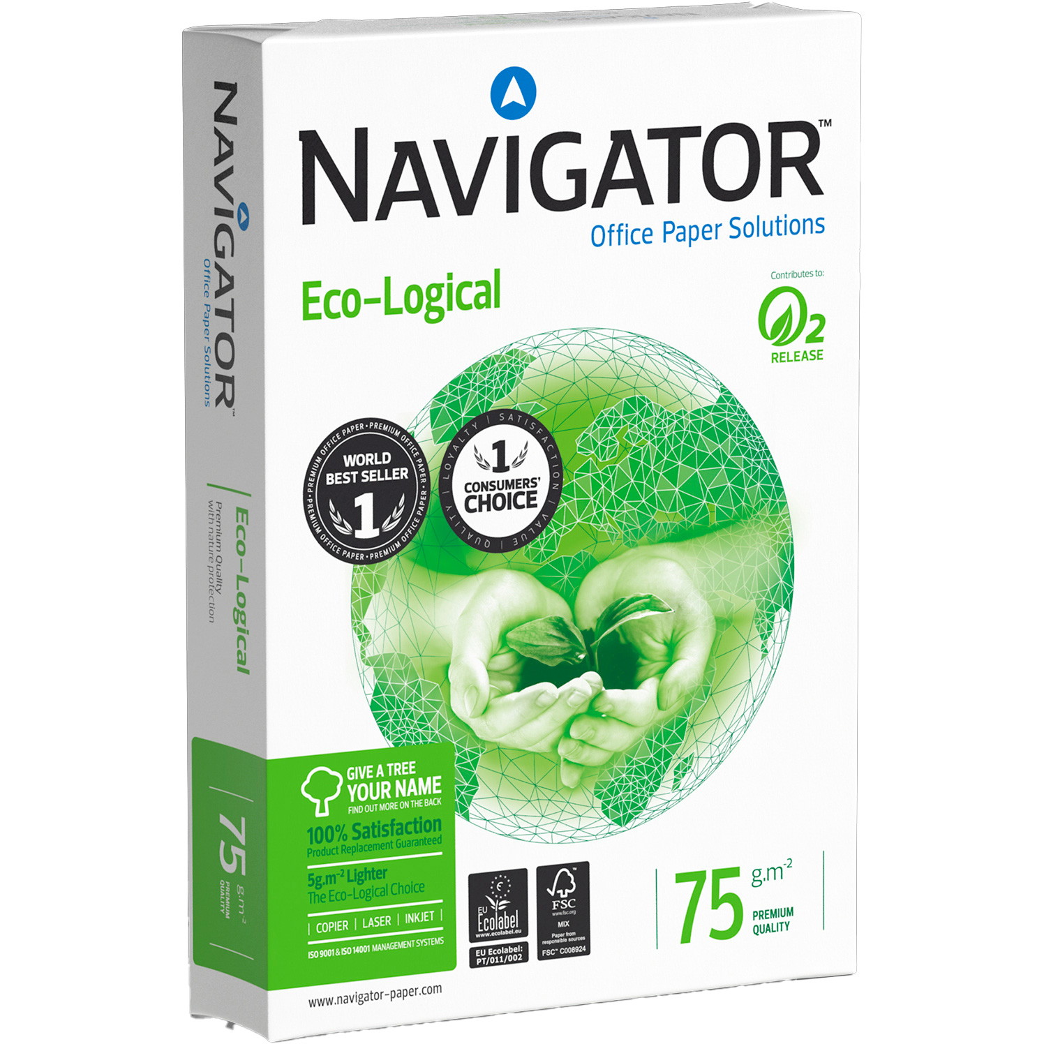 5 x Navigator Eco-Logical kopipapir A4 75g hvid 500ark