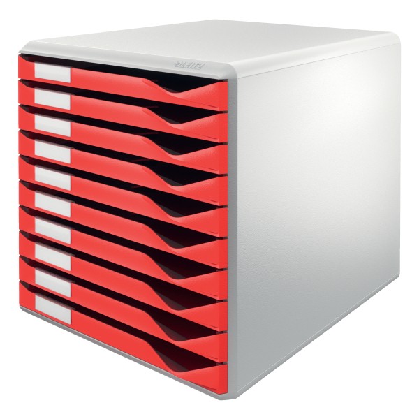 Leitz skuffekabinet med 10 skuffer i farven grå og rød