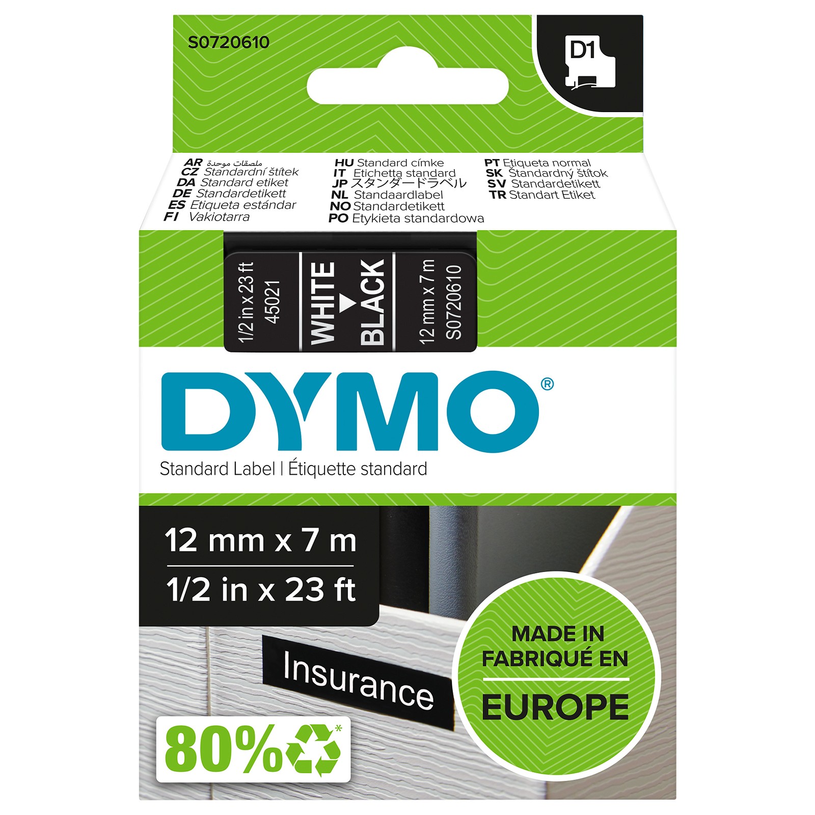 Dymo 45021 tape 12mm hvid/sort