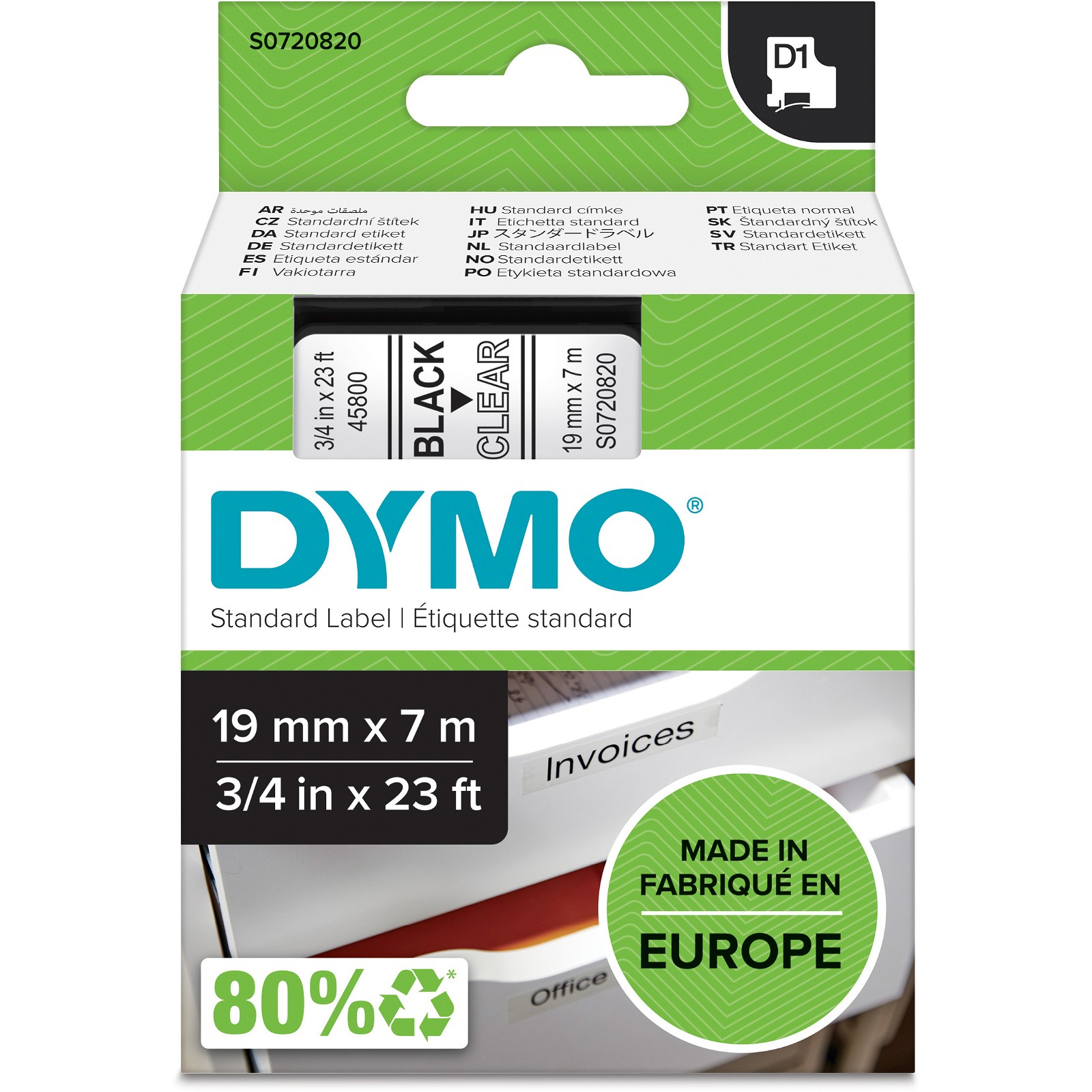 Dymo D1 polyester tape sort/klar 19mmx7m
