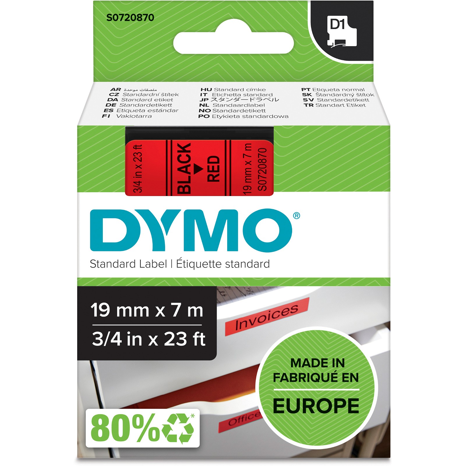 Dymo D1 polyester tape sort/rød 19mmx7m