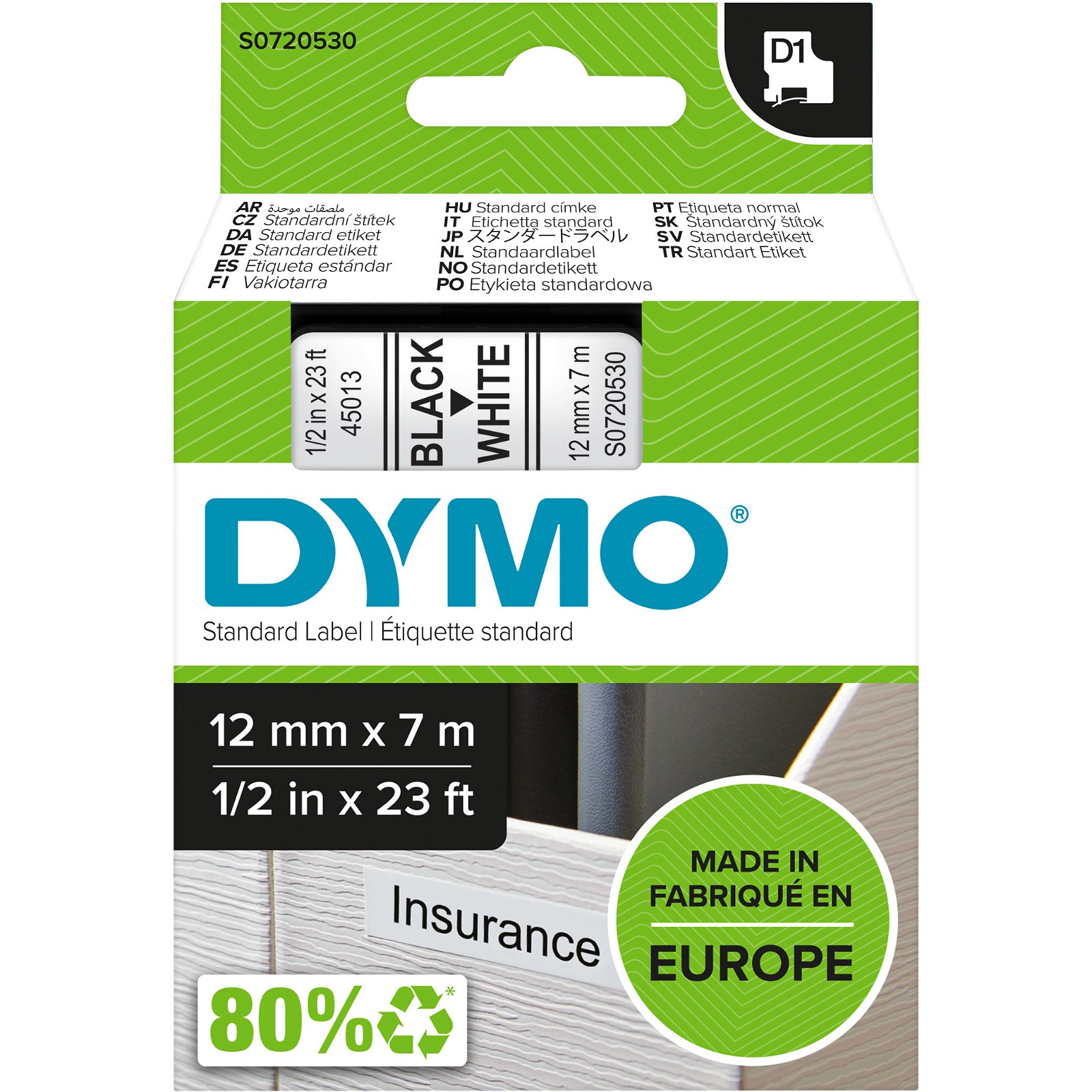 Dymo 45013 tape 12mm sort/hvid