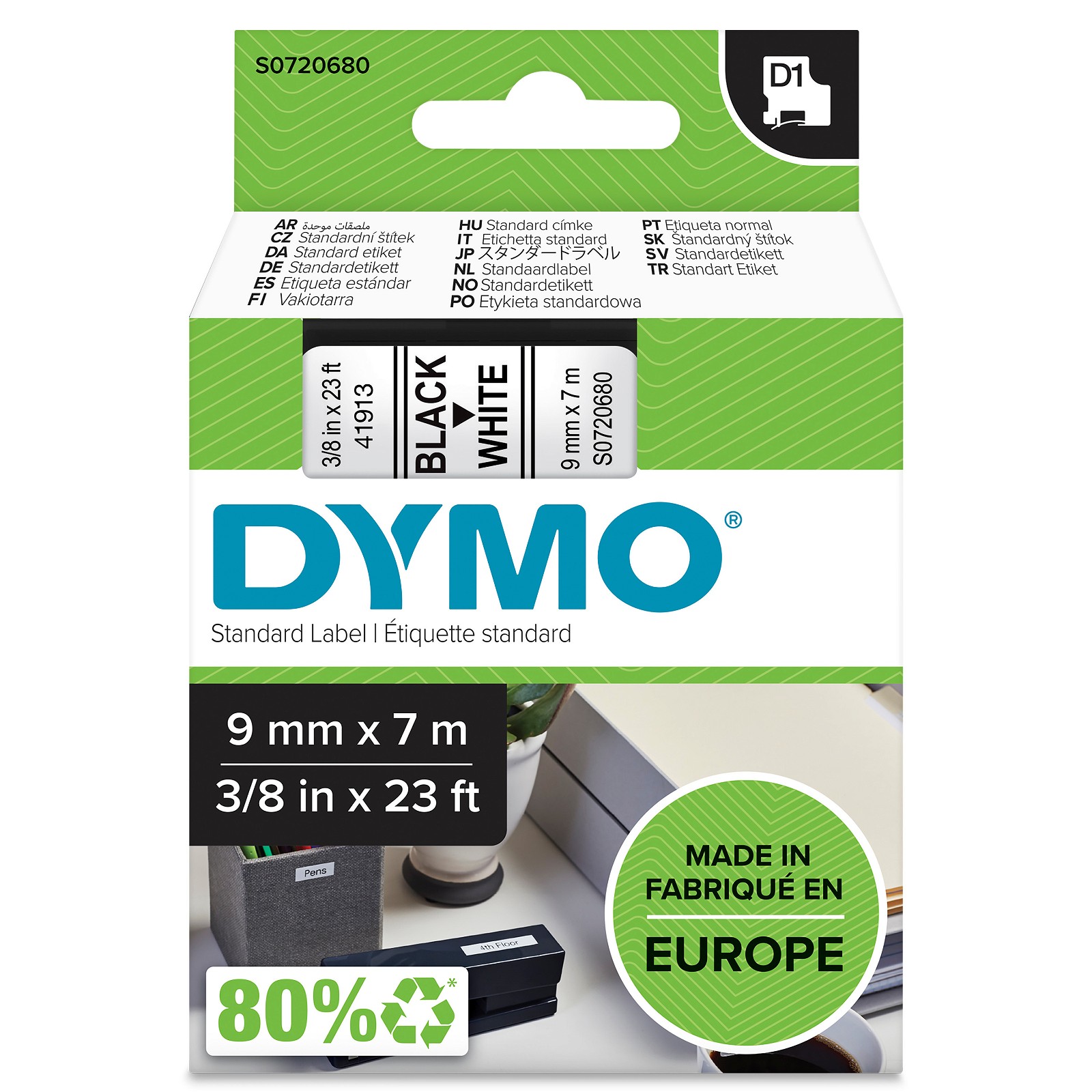Dymo 40913 tape 9mm sort/hvid
