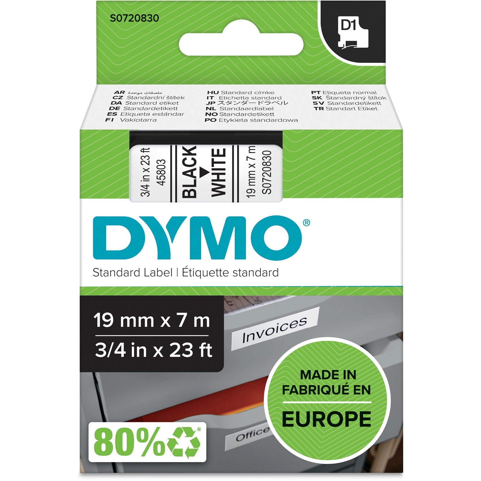 Dymo 45803 tape 19mm sort/hvid