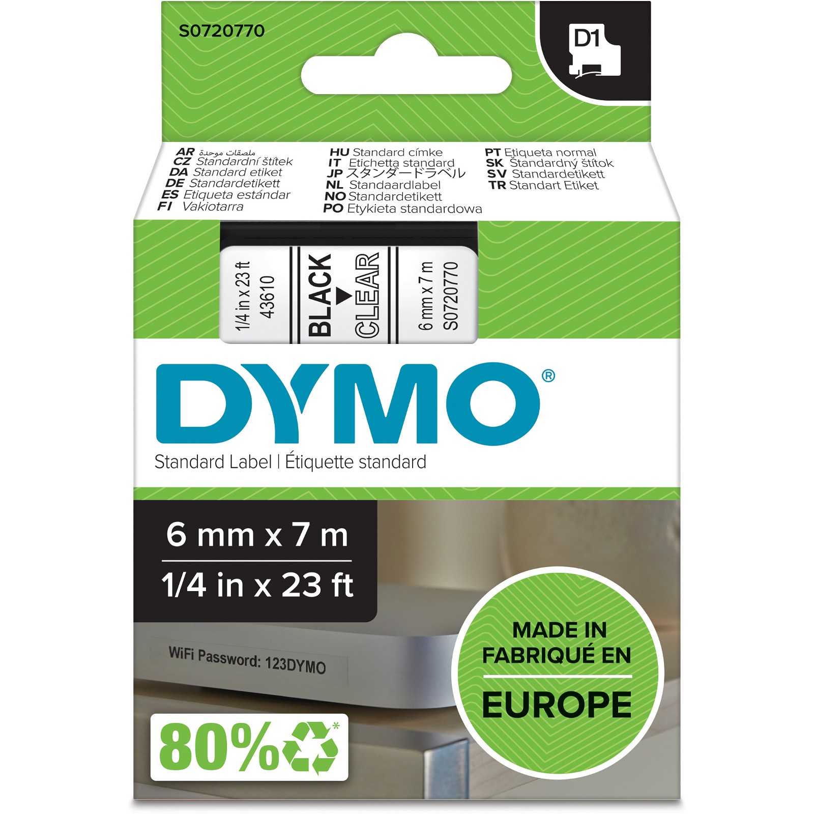 Dymo D1 polyester tape sort/klar 6mm x 7m