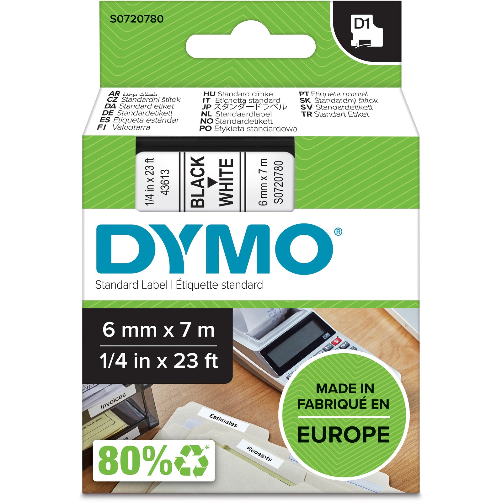 Dymo D1 polyester tape sort/hvid 6mm x 7m