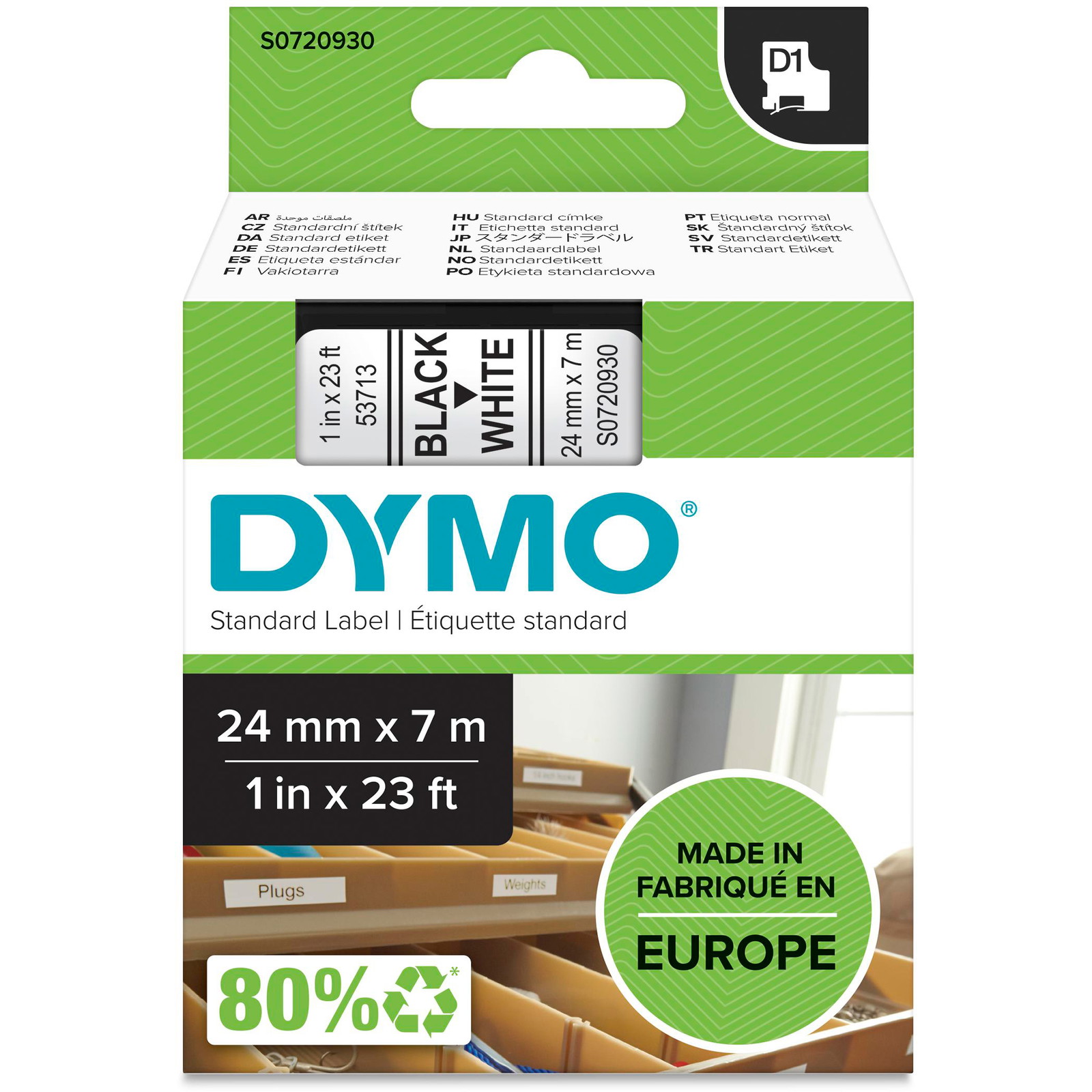 Dymo 53713 tape 24mm sort/hvid