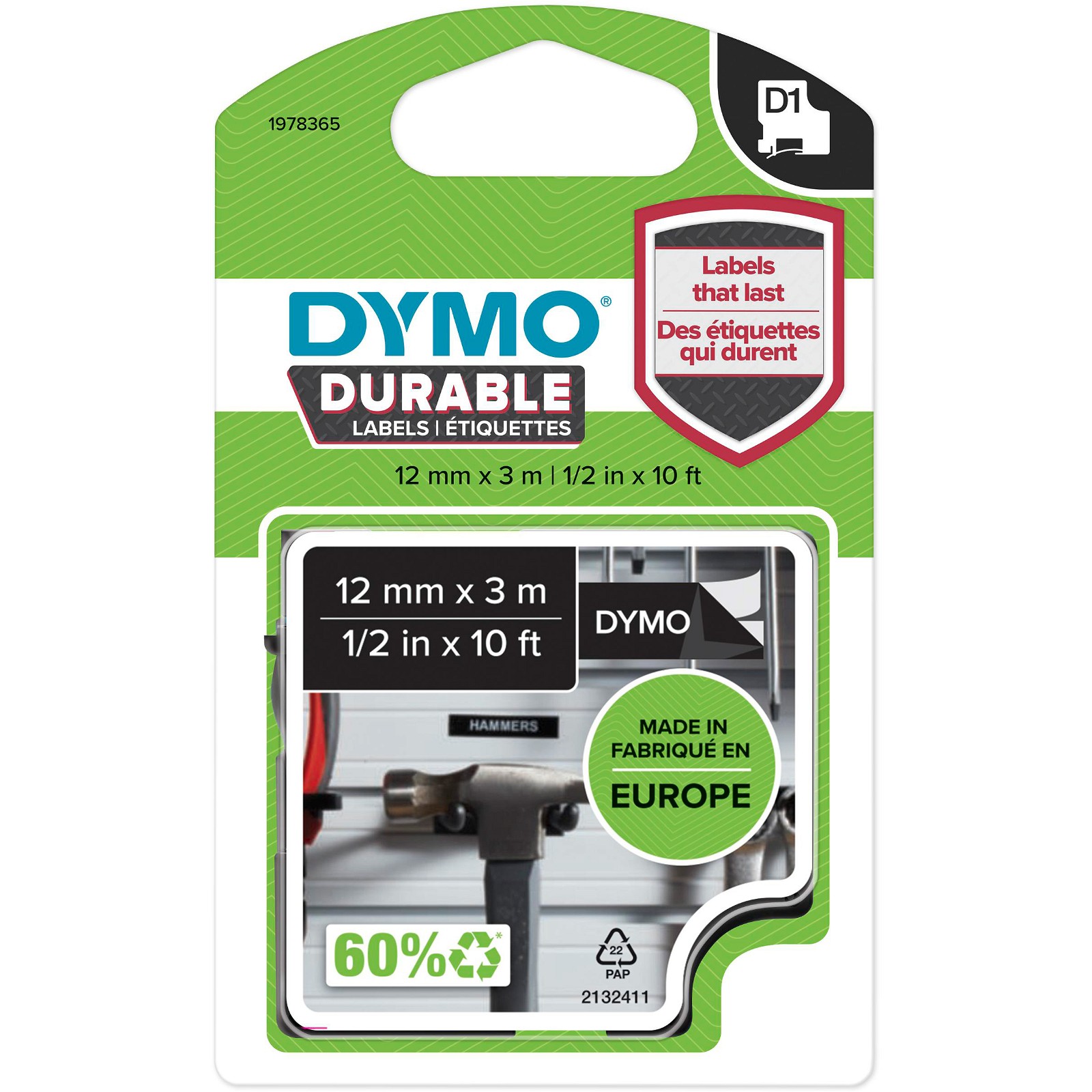 Dymo D1 Durable tape hvid/sort 12mmx3m