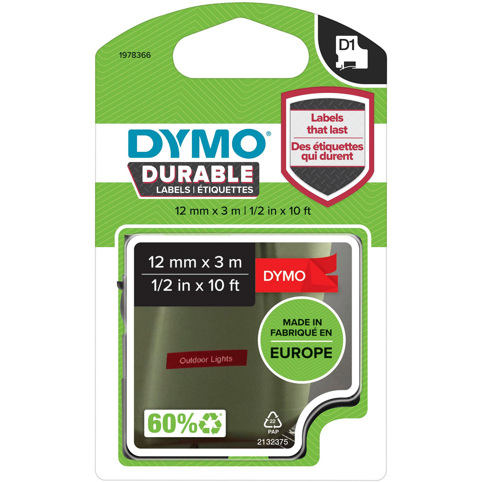 Dymo D1 Durable tape hvid/rød 12mmx3m