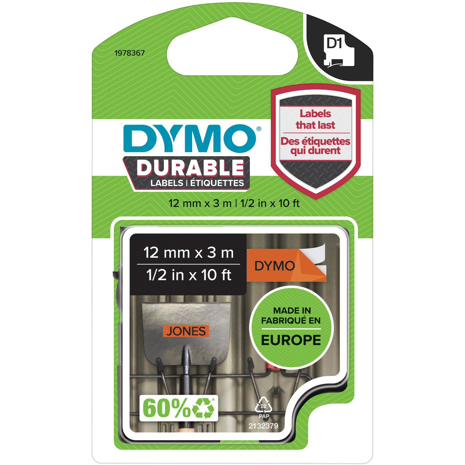Dymo D1 Durable tape sort/orange 12mmx3m