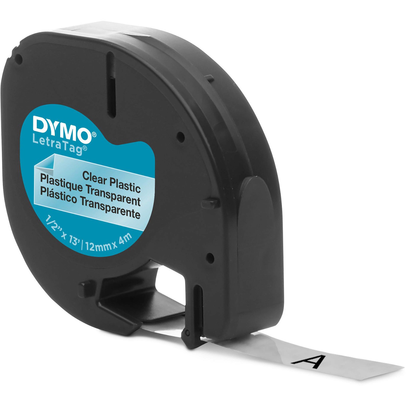 Dymo Letratag plasttape 12mm x 4m sort/klar