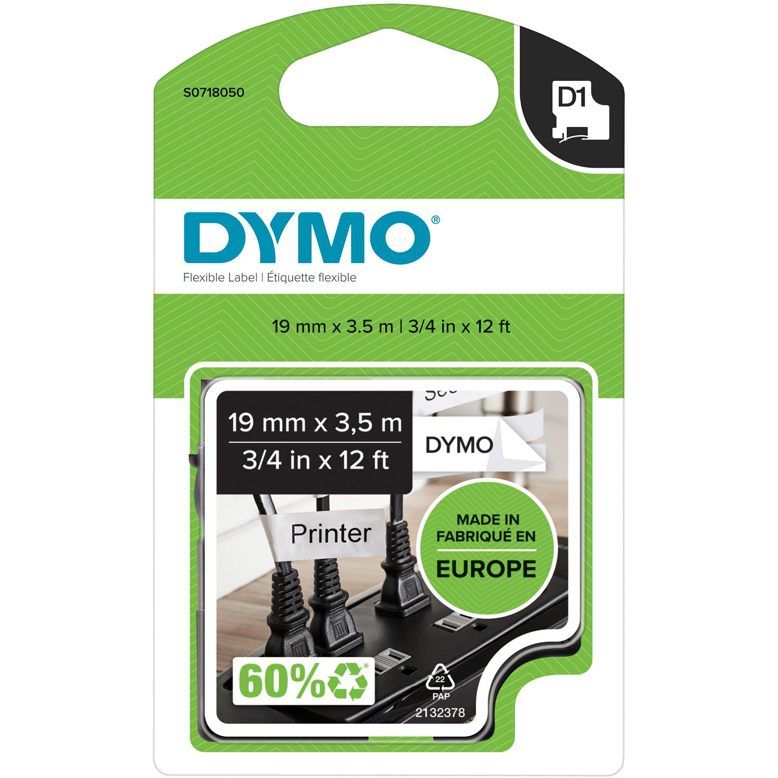 Dymo D1 polyester tape sort/hvid 19mmx3,5m