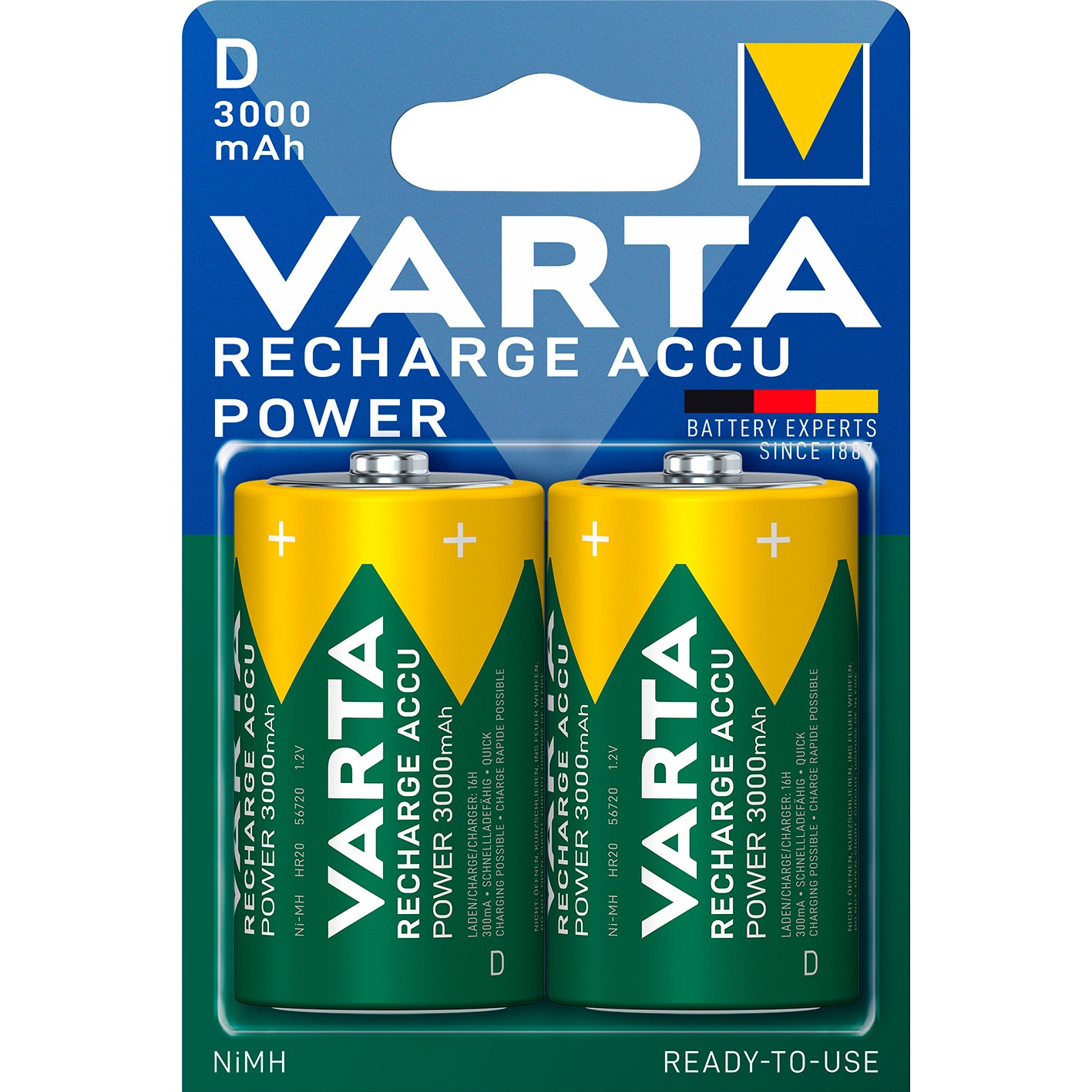VARTA genopladelige D-batterier HR20 3000 mAh 2 stk