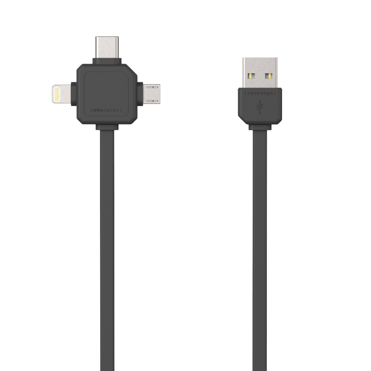 Kabel m/3 stik USB-C/Apple Lightning/micro USB grå