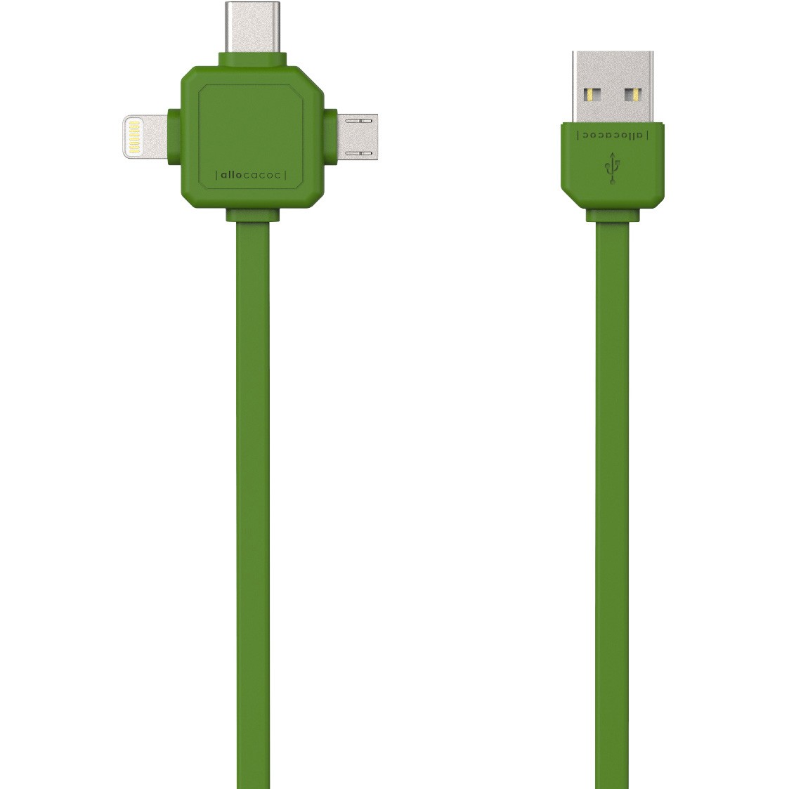 Kabel m/3 stik USB-C/Apple Lightning/micro USB grøn