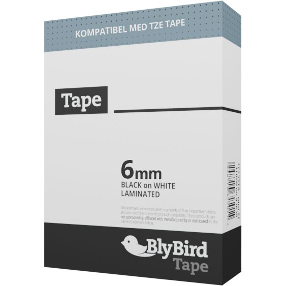 BlyBird TZe Tape Sort/hvid 6 mm x 8 mtr