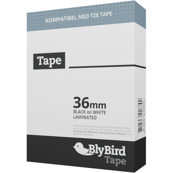BlyBird TZe Tape Sort/hvid 36 mm x 8 mtr