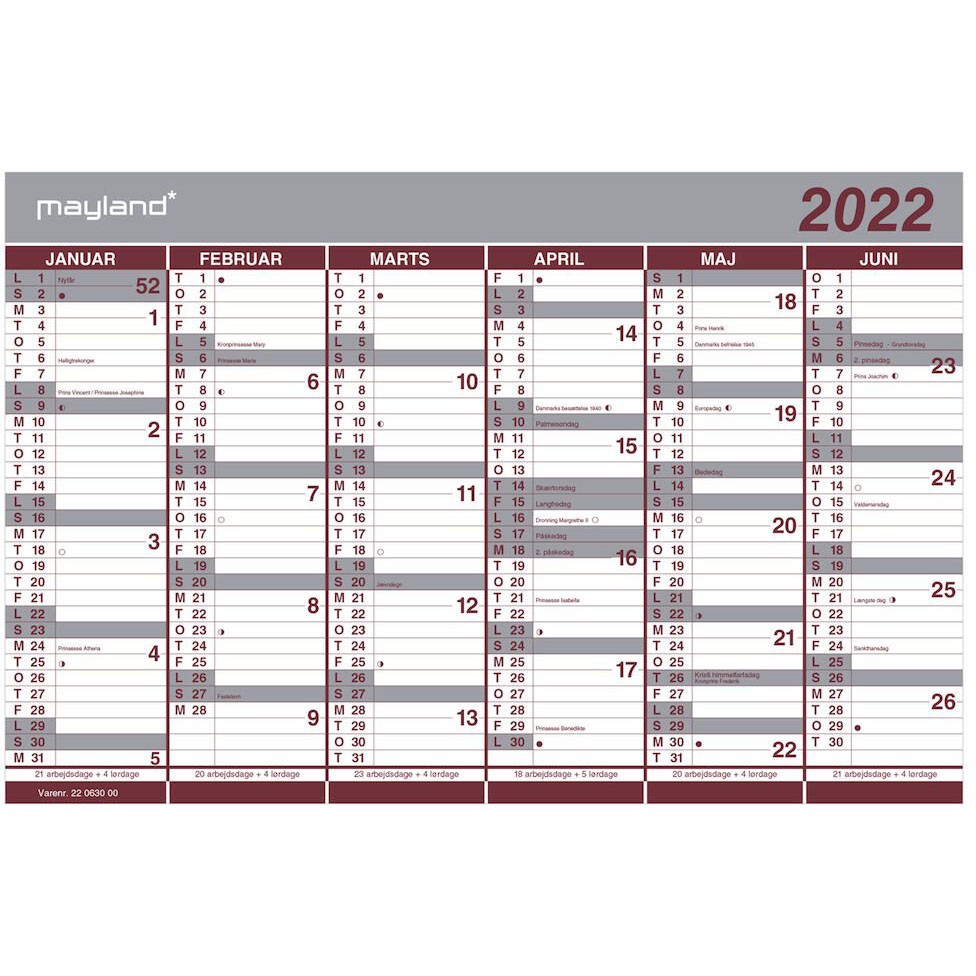 Mayland vægkalender 2022 db. halvår 22063000