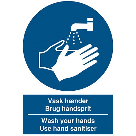 ”Vask hænder”-skilt dansk/engelsk A4 blå 