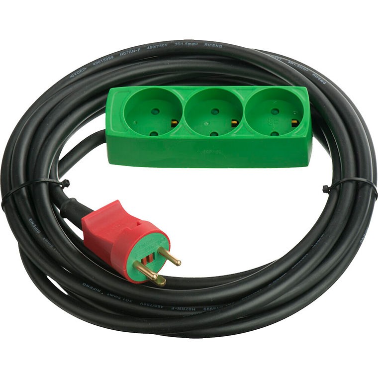 Stikdåse 3 udtag 5 m ledning sort/grøn